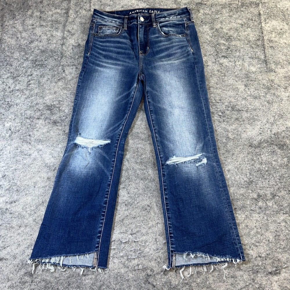 American Eagle Jeans Women's 4 Blue Super Hi-Rise Crop Flare Distressed Raw Hem